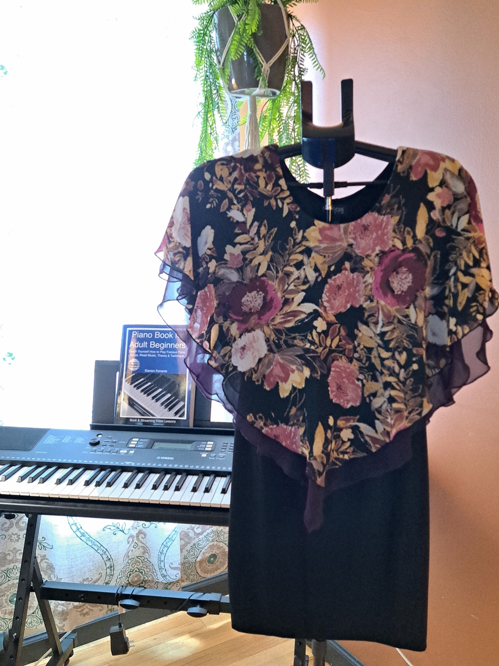 Enfocus Studio Black Dress Top with Floral Chiffon Capelet